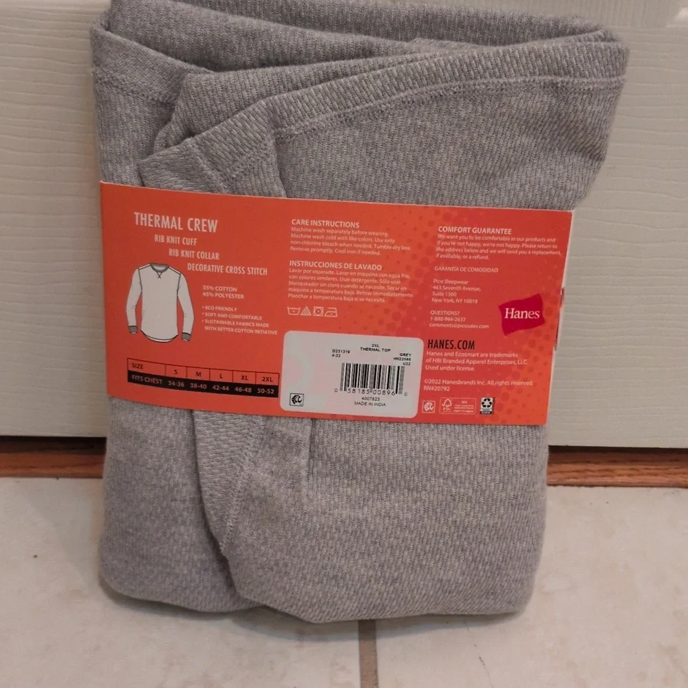 Hanes Men's Reversible Thermal Crew Men's Gray Long Sleeve Size 2X Shirt